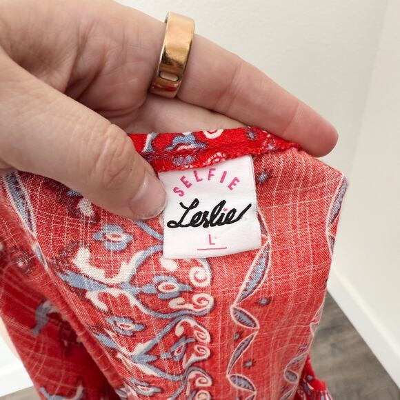 [Selfie Leslie] Red Ariya V-Neck Low Back Ruffle Bandanna Mini Dress Sz Large L - Picture 11 of 12